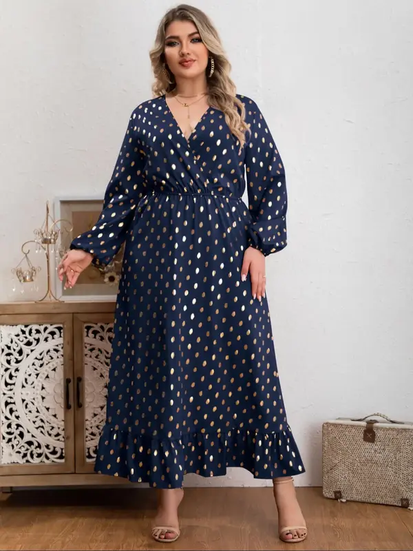 Plus Polka Dot Print Wrap V Neck A Line Dress, Women's Plus Size Long Sleeve Bishop Sleeve Dress for Spring & Fall, Women's C...