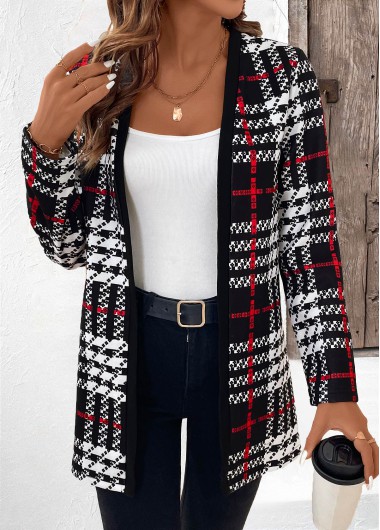 Modlily Black Patchwork Plaid Long Sleeve Coat - XL