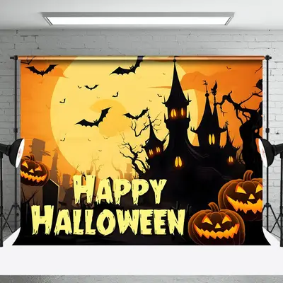 Aperturee Giant Moon Castle Pumpkin Happy Halloween Backdrop - Aperturee