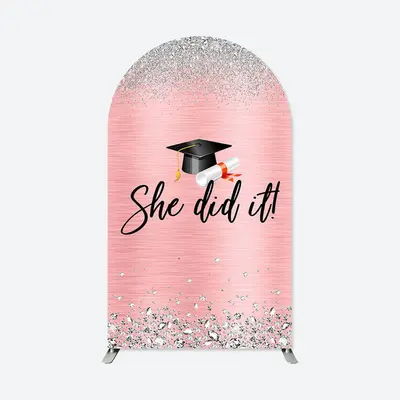 Aperturee She Did It Pink Silver Congrats Grad Arch Backdrop | Wedding Arch Backdrop | Round Arch Backdrop Cover | Diy Arch B...