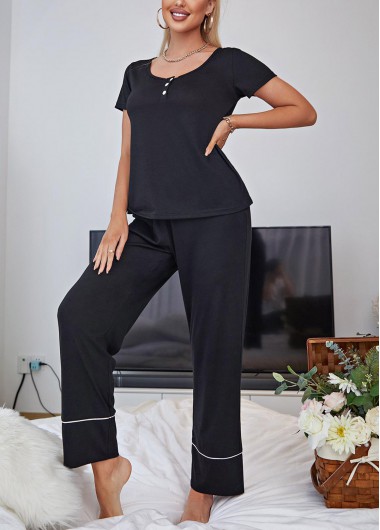 Modlily Black Short Sleeve Scoop Neck Lounge Top and Pants - M
