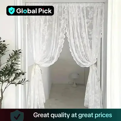 Rose Flower Embroidery Lace Privacy Door Curtain, 2 Counts/set Romantic Door Curtain, Light Filtering Door Curtain for Home P...