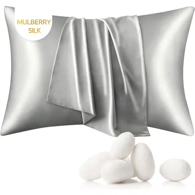 Mulberry Silk Pillow Case - Pillowcase for Hair and Skin, Queen Size 20x30 Inches, Grey Silk Pillow Case with Hidden Zipper, ...