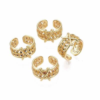 Real 18K Gold Plated Brass Initial X Cuff Ring