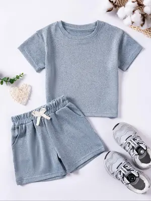 Two-Piece Set Toddler Boy's Solid Short Sleeve Tee & Elastic Waist Shorts, Casual Round Neck T-shirt & Shorts for Summer, Kid...