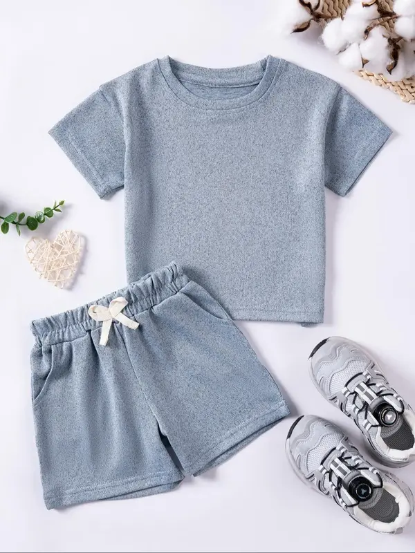Two-Piece Set Toddler Boy's Solid Short Sleeve Tee & Elastic Waist Shorts, Casual Round Neck T-shirt & Shorts for Summer, Kid...