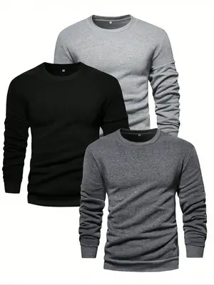 Men's Solid Long Sleeve Crew Neck T-shirt, Casual Regular Fit Basic Round Neck Tee for Fall & Winter, Men's Clothes for Daily...