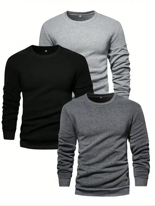 Men's Solid Long Sleeve Crew Neck T-shirt, Casual Regular Fit Basic Round Neck Tee for Fall & Winter, Men's Clothes for Daily...