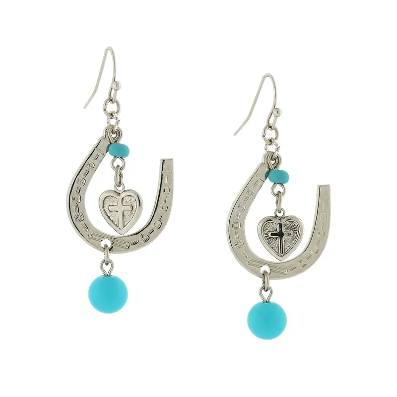 Silver-Tone Imitiation Turquoise Horseshoe and Suspended Heart Drop Earrings