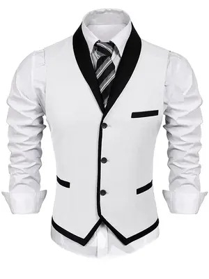 Buttons V-neck Suit Vest (US Only), White / XXXL
