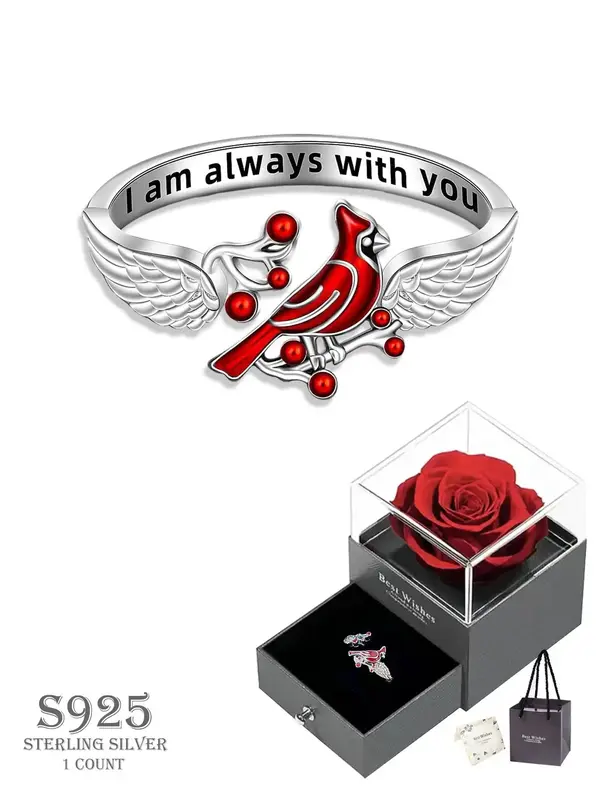 S925 Sterling Silver Bird & Wing Design Cuff Ring, Girlfriend Gifts, Adjustable Ring with Gift Box for Women & Girls, Fashion...