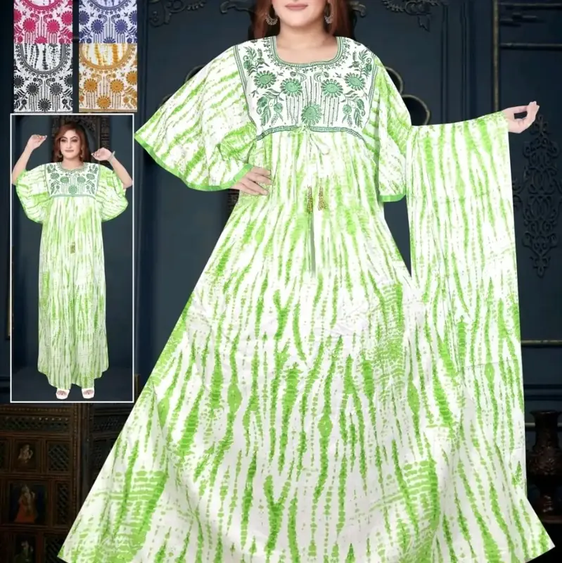 2PCS Women's Muslim Dresses Abaya Islamic Dubai Prayer Dress Robe Long Cardigan Maxi Dress with Green and White Patterns