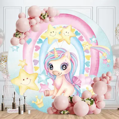 Aperturee Yellow Star And Pink Unicorn Round Birthday Backdrop