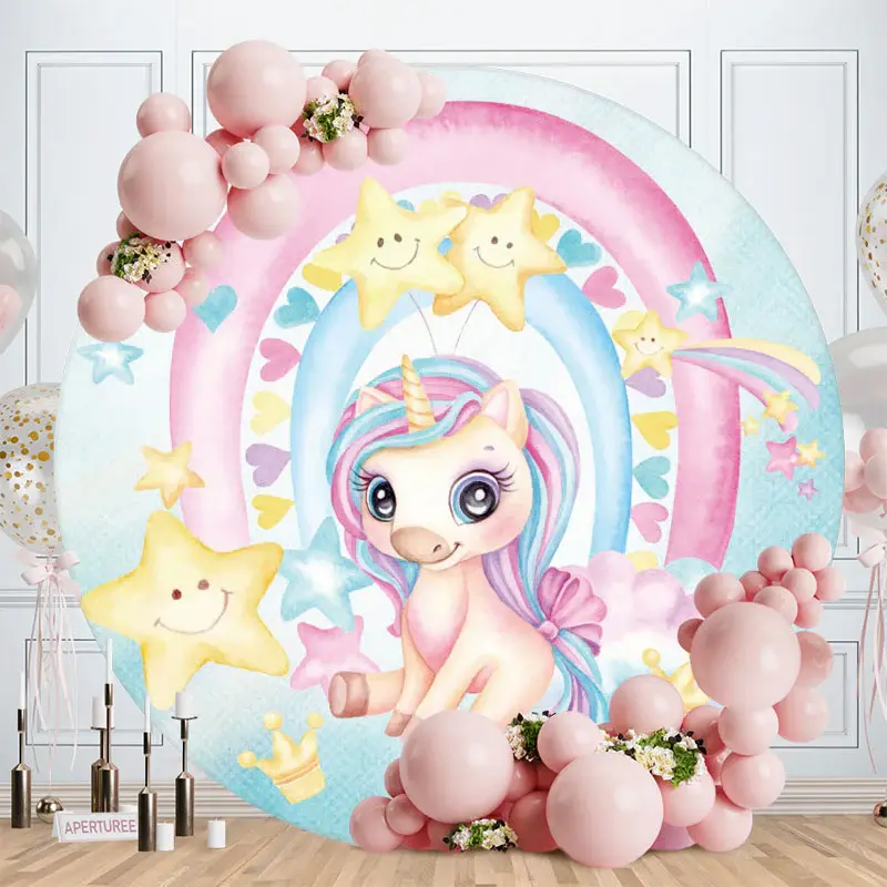 Aperturee Yellow Star And Pink Unicorn Round Birthday Backdrop