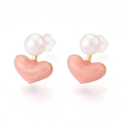 Heart Brass Natural Pearl Stud Earrings