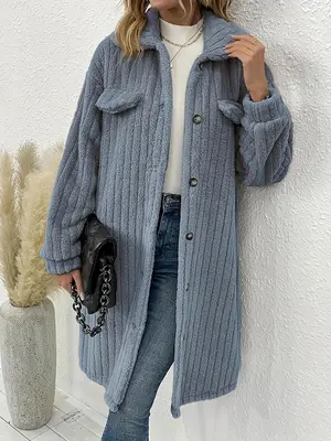 Women's Plain Drop Shoulder Button Front Coat, Casual Long Sleeve Flap Detail Collar Outerwear For Fall & Winter, Women's Clo...