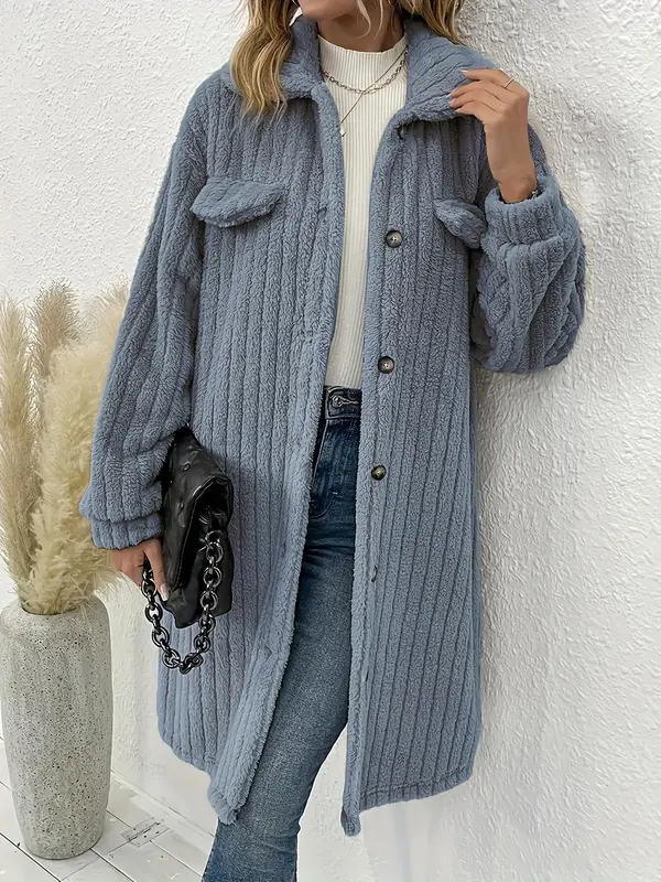 Women's Plain Drop Shoulder Button Front Coat, Casual Long Sleeve Flap Detail Collar Outerwear For Fall & Winter, Women's Clo...