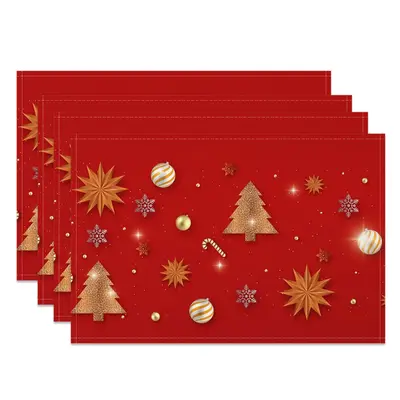 Aperturee Festive Red Gold Snowy Christmas Set Of 4 Placemats, 14x12 Inch, 15.8 USD, NYWH00397-S, placemats