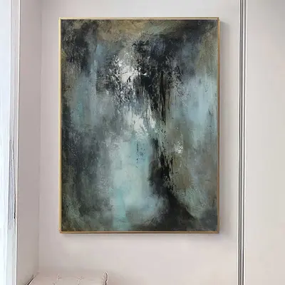 Large Abstract Painting Black Canvas Art Turquoise Painting Aesthetic Wall Art Modern Canvas Art Apartment Gift Above Firepla...