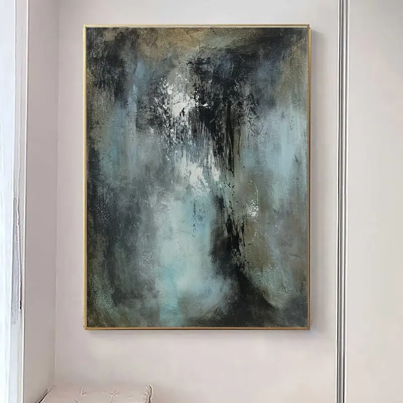 Large Abstract Painting Black Canvas Art Turquoise Painting Aesthetic Wall Art Modern Canvas Art Apartment Gift Above Firepla...