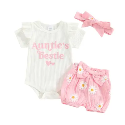 Newborn Baby Girl Summer Outfit Auntie's Bestie Short Sleeve Romper Floral Shorts with Headband 3Pcs Set