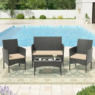 Kullavik Outdoor Patio Furniture Set,PE Wicker Rattan Chairs Garden Conversation Sets with Tempered Glass Table and Soft Cush...