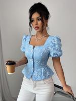 Women's Floral Print Puff Sleeve Shirt, Elegant Fashion Casual Square Neck Top for Daily Outdoor Wear, Ladies Clothes for Sum...