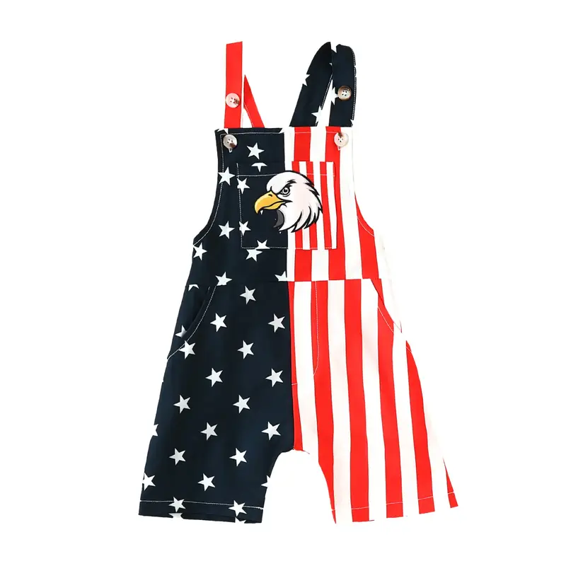4th of July Toddler Baby Girl Boy  Outfit American Flag Overalls Romper with Pocket Shorts Jumpsuit