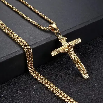 FLORIDECO Stainless Steel Jesus Cross Pendant Necklace for Men's Venice Chain 61cm Silver/Gold/Black Religious Jewelry Access...