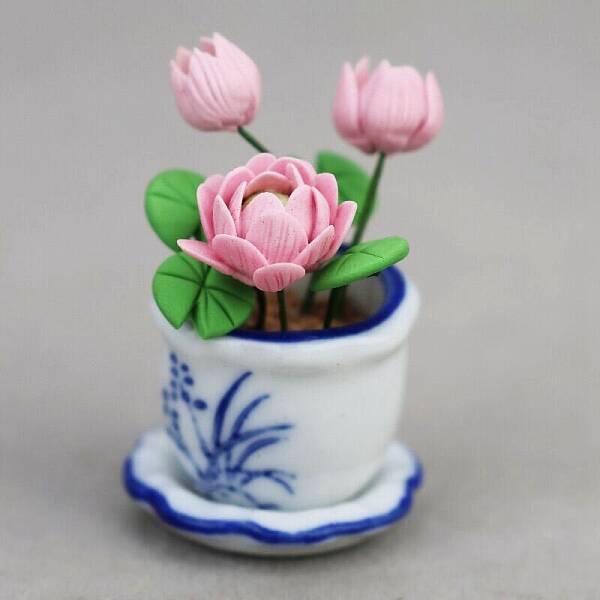 Polymer Clay Lily with Resin Basket Miniature Ornaments
