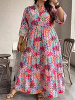 【Plus Size】 Floral Print Dress, Casual 3/4 Sleeve Dress for Spring & Fall, Women's Clothes for Daily Wear, Womenswear