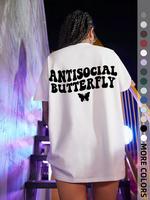 Women's Butterfly & Letter Print Round Neck Tee, Casual Short Sleeve T-shirt, Summer Clothes, Womenswear, Clothes for Lady, S...