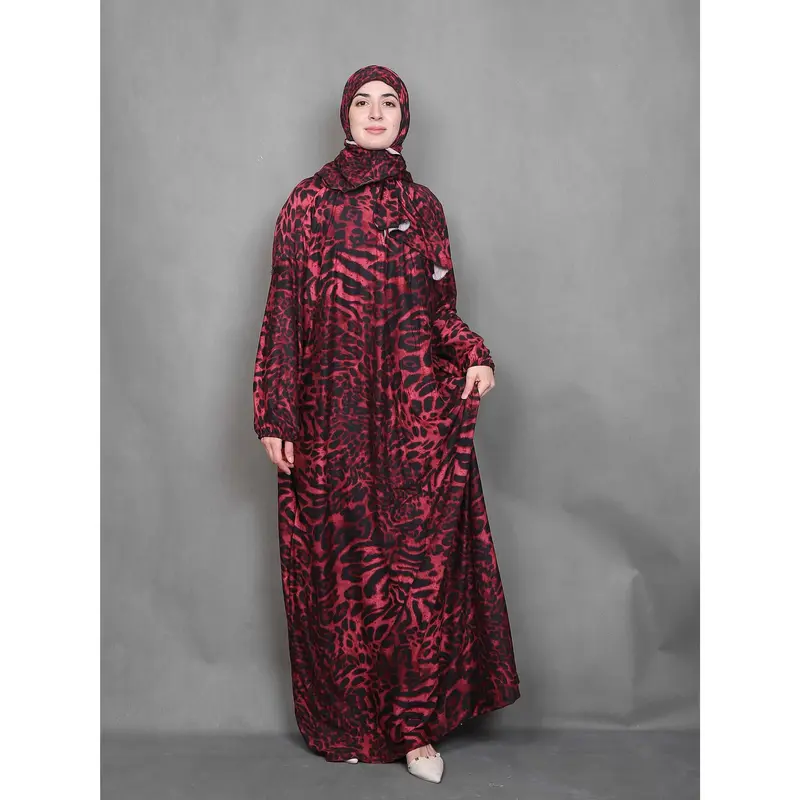 Plus Size Leopard Print Maxi Abayas, Modest Long Sleeve Dress With Hijab, Women's Plus Size Clothing