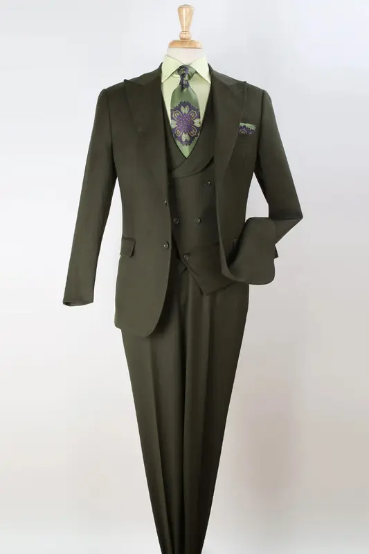 Olive Green Wool Suit: Men's Double Breasted Vest with Wide Peak Lapel