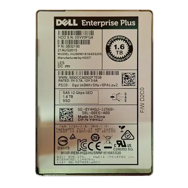 Y4HGJ Dell 1.6TB Multi-Level Cell SAS 12Gb/s Write Intensive 2.5-Inch Enterprise Solid State Drive