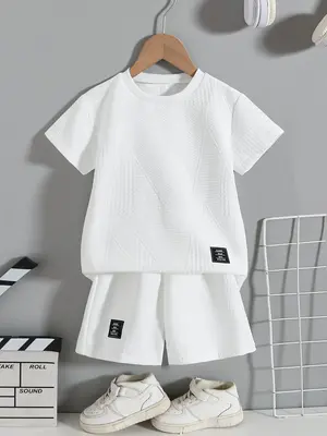 Two-Piece Set Boy's Solid Patched Short Sleeve Tee & Shorts, Casual Round Neck T-shirt & Shorts for Summer, Kids Clothes for...