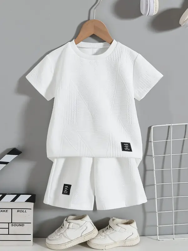 Two-Piece Set Boy's Solid Patched Short Sleeve Tee & Shorts, Casual Round Neck T-shirt & Shorts for Summer, Kids Clothes for...