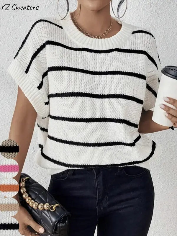 Women's Striped Print Batwing Sleeve Knit Top, Chic Casual Short Sleeve Round Neck Knitwear for Fall & Winter, Fashion Ladies...