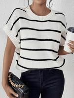 Women's Striped Print Batwing Sleeve Crewneck Knit Top, Loose Casual Style Short Sleeve Round Neck Knitwear for Fall & Winter...
