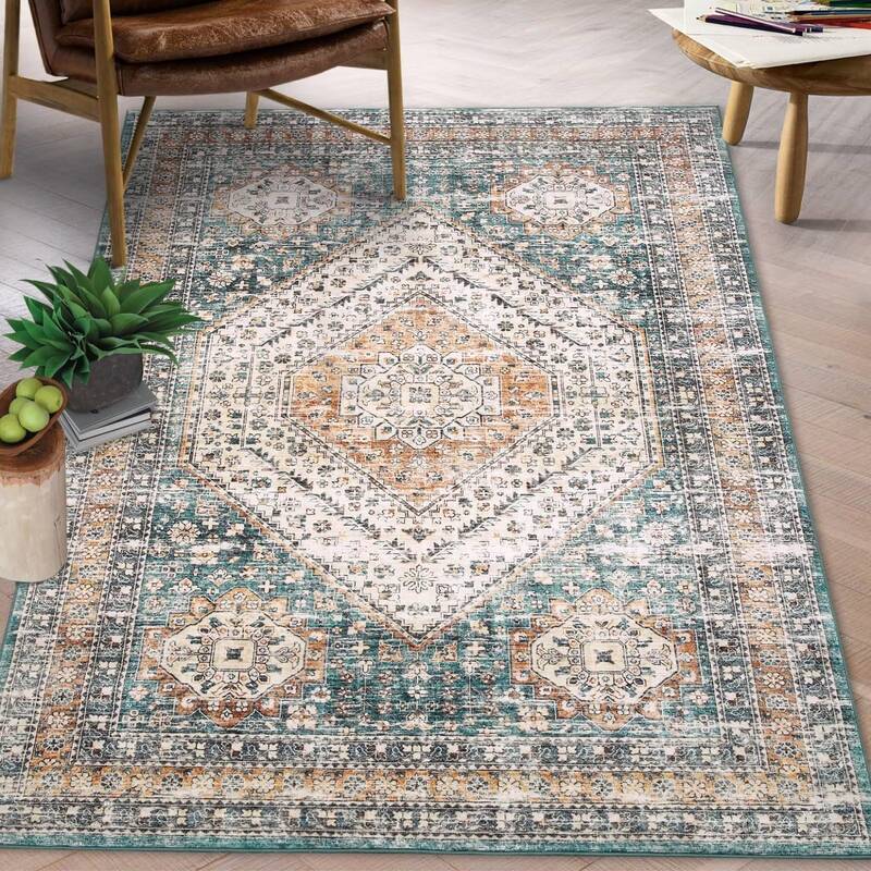 Garvee 4x6 Area Rug Vintage Rug Soft Thin Bedroom Carpet Distressed Non Slip Kitchen Mat Traditional Non Shedding Throw Rug M...