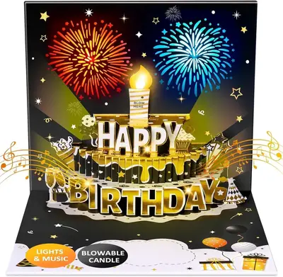 INPHER DIY Age Birthday Cards Fireworks Pop Up Cake Light and Music Black and Gold Happy Birthday Card Gift for Husband, Men,...