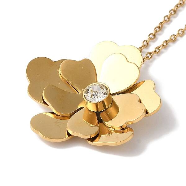 Ion Plating(IP) 304 Stainless Steel Crystal Rhinestone Flower Pendant Necklaces