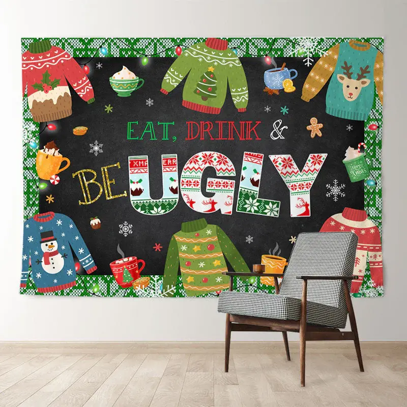 Aperturee Ugly Sweater Eat Drink Colorful Christmas Backdrop