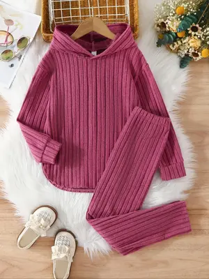 Two-Piece Set Girl's Solid Drop Shoulder Hoodie & Pants Set, Casual Fashion Cozy Sweatshirt & Trousers for Daily Outdoor Wear...