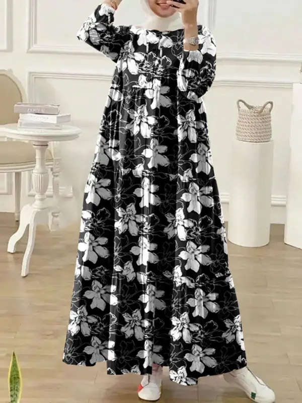 Women's All Over Floral Print Ruffle Trim Button Front Round Neck Dress, Chic Chic Casual Bishop Sleeve Long Dress for Fall &...