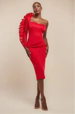 Goddiva One Shoulder Organza  Fan Detail Lace Bodice Midi Dress - Red