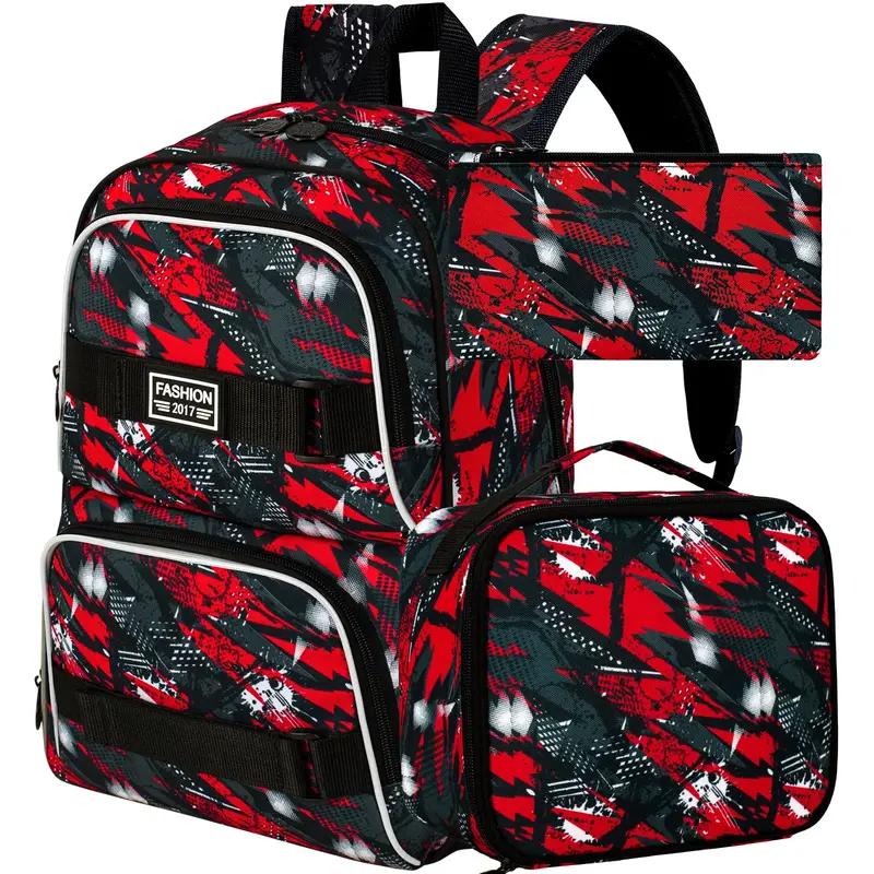 3Pcs Boys Backpack, 17 Inches School Bookbag Set for Teens College Students, Graffiti Laptop Backpacks with Lunch Box (Red)