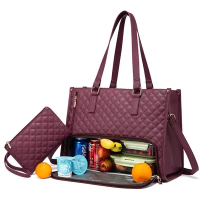 Fashionable Lunch Tote Bag Women's Thermal Insulation Lunch Box Leak-proof Crossbody Computer Storage Bag Quilted Large Capac...