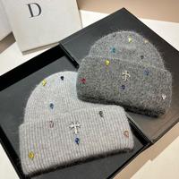 Fashionable Paris cross light luxury colorful rhinestone wool knitted hat winter outdoor warm soft waxy plush ear protection ...