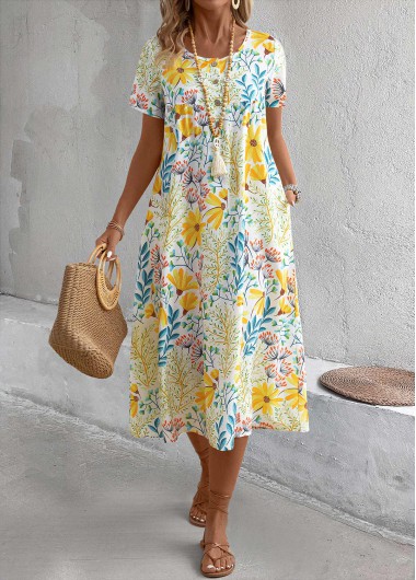 Modlily Yellow Pocket Floral Print A Line Short Sleeve Dress - XXL